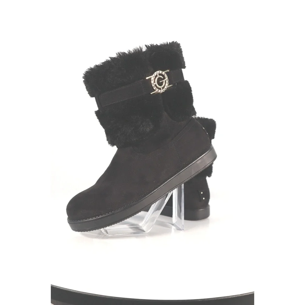 GUESS Black Faux Suede Fur Trim Rhinestone Logo‎ Mid-Calf Boots Size 10W